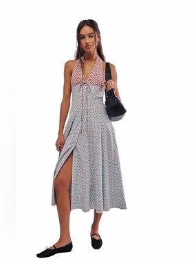 Free People StellaDonna Midi Maxi Dress Halter Polka Dot Powder Blue Combo M